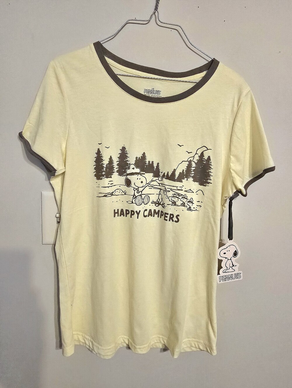 Peanuts Yellow Ringer Tee with Brown Snoopy 'Happy Campers' Graphic